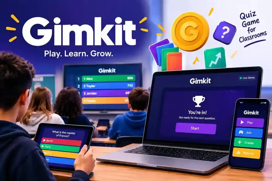 Gimkit live interactive classroom quiz game with students using digital devices