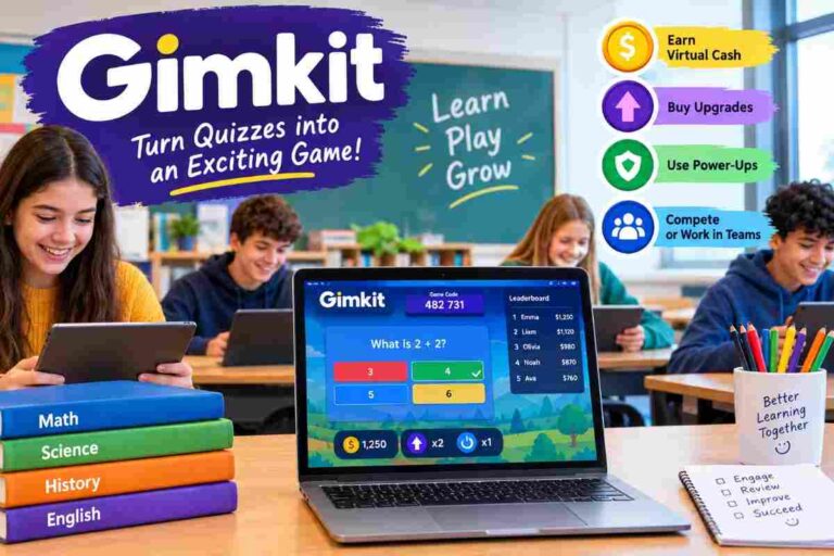 Gimkit classroom quiz game with virtual cash and power-ups