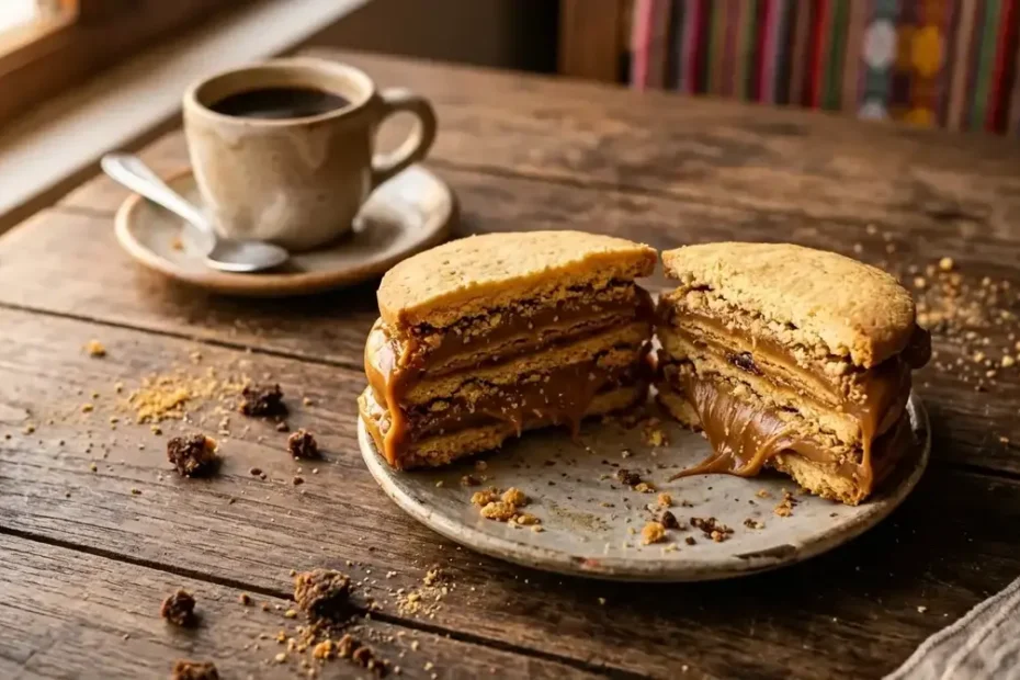 Peruvian King Kong dulce cookie cut in half showing thick layers of golden manjar blanco dulce de leche filling between crumbly shortbread cookies on a wooden table