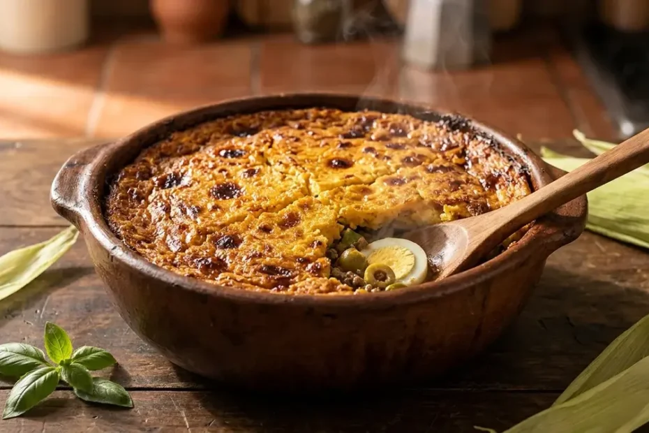 Traditional Chilean tarta de choclo baked in a clay paila de greda pot showing a golden caramelized corn crust broken open to reveal the savory beef pino filling with olives and hard-boiled egg underneath