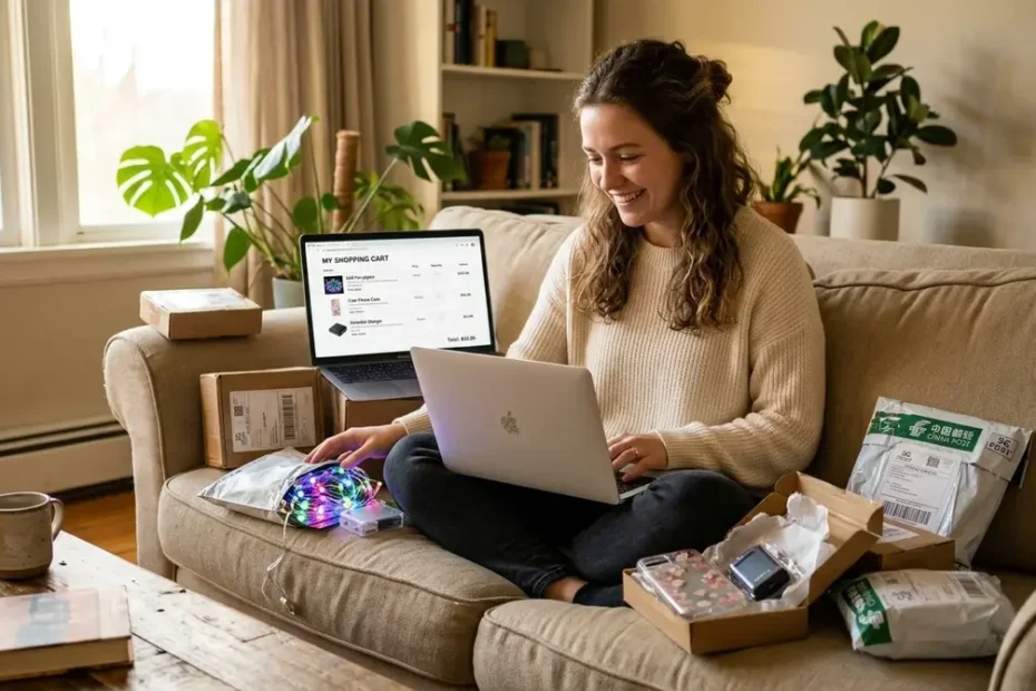 American woman sitting on a couch surrounded by small international shipping packages after ordering discounted products from BlessingTide.com USA