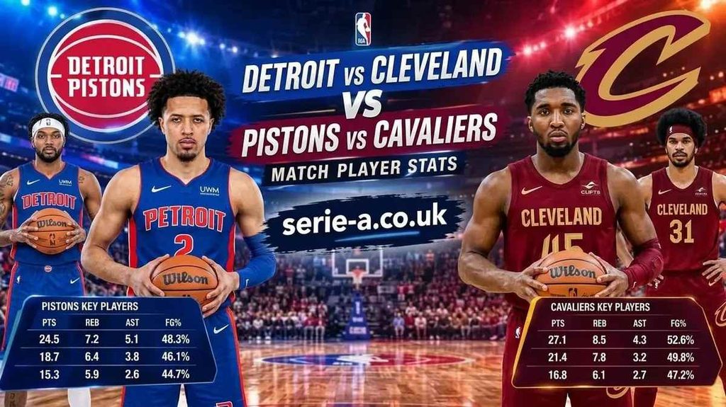 Detroit Pistons vs Cleveland Cavaliers match player stats game action showing contested jump shot during NBA regular season