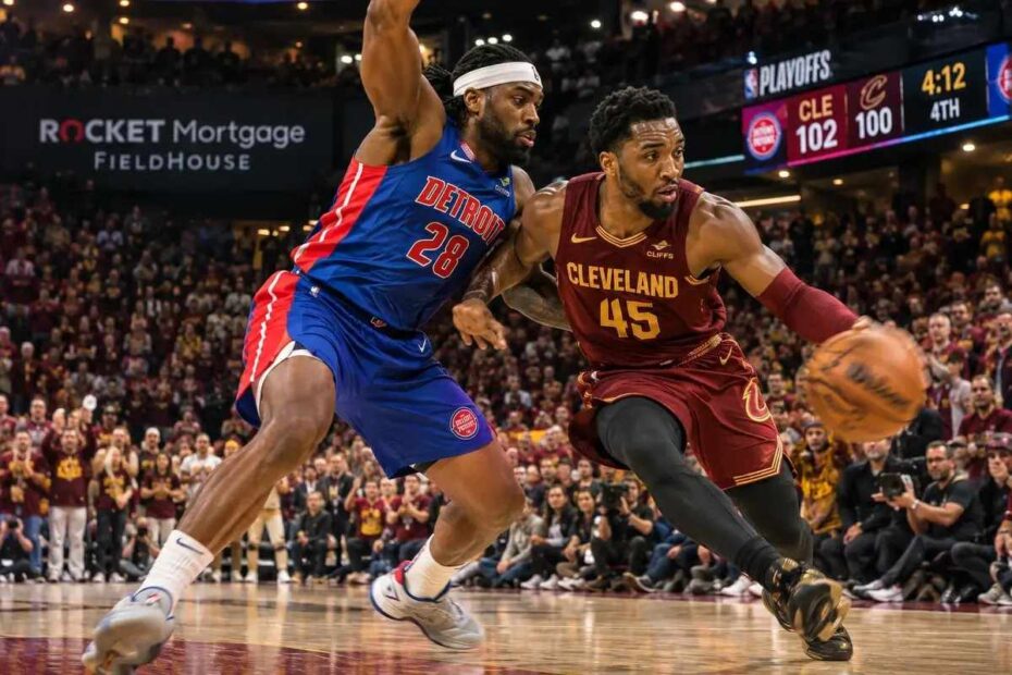 Detroit Pistons vs Cleveland Cavaliers match player stats game action showing contested jump shot during NBA regular season