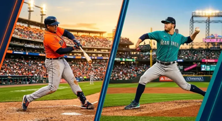 Detroit Tigers vs Seattle Mariners match player stats showing a Tigers batter and Mariners pitcher facing off during an American League game