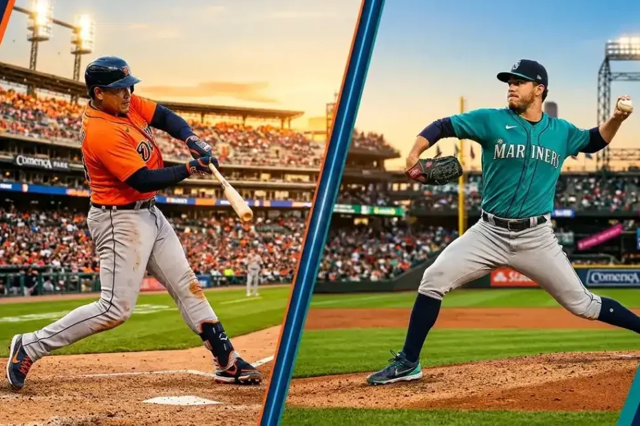 Detroit Tigers vs Seattle Mariners match player stats showing a Tigers batter and Mariners pitcher facing off during an American League game