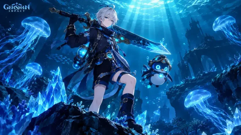Freminet Genshin Impact character with mechanical penguin Pers in underwater Cryo scene