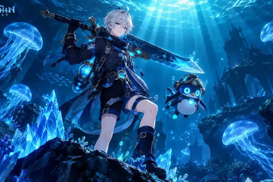 Freminet Genshin Impact character with mechanical penguin Pers in underwater Cryo scene