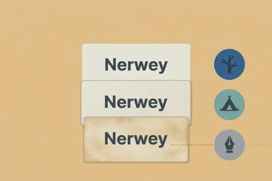 Three stacked Nerwey name cards with icons for a family tree, a tent, and a vintage pen nib.