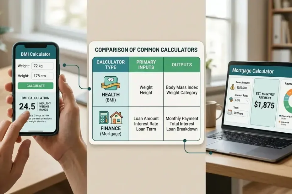 Glowing calculator surrounded by lifestyle icons for health, finance, education, and daily life tools