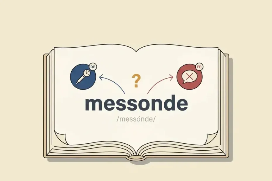 Dictionary page showing messonde with arrows to a German measuring probe and a French speech bubble.