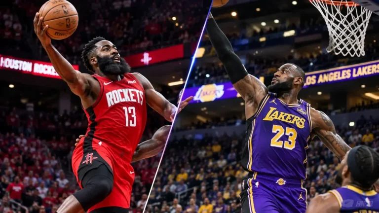 Houston Rockets vs Lakers match player stats showing game action between both teams on the court