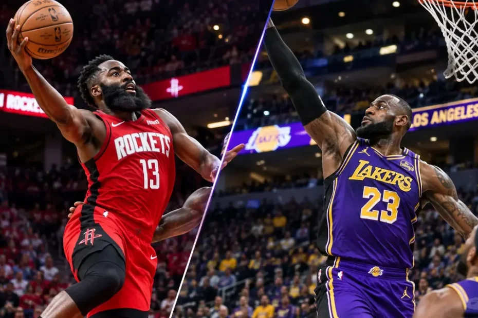 Houston Rockets vs Lakers match player stats showing game action between both teams on the court