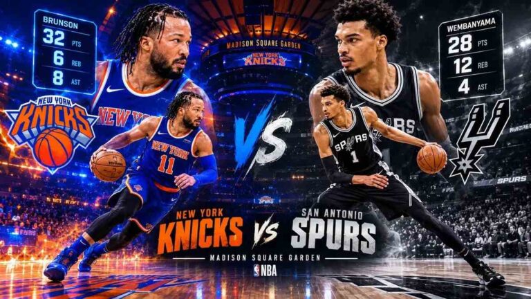 Knicks guard and Spurs center in live game action with floating player statistics overlay at Madison Square Garden