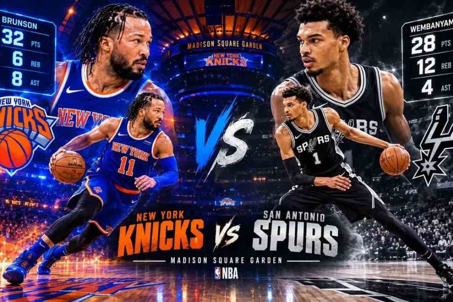 Knicks guard and Spurs center in live game action with floating player statistics overlay at Madison Square Garden