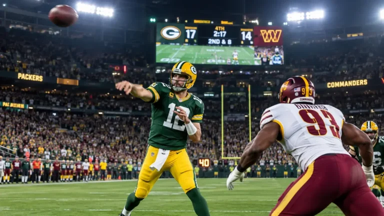 Green Bay Packers quarterback throwing a pass against Washington Commanders defense during their NFL regular season matchup