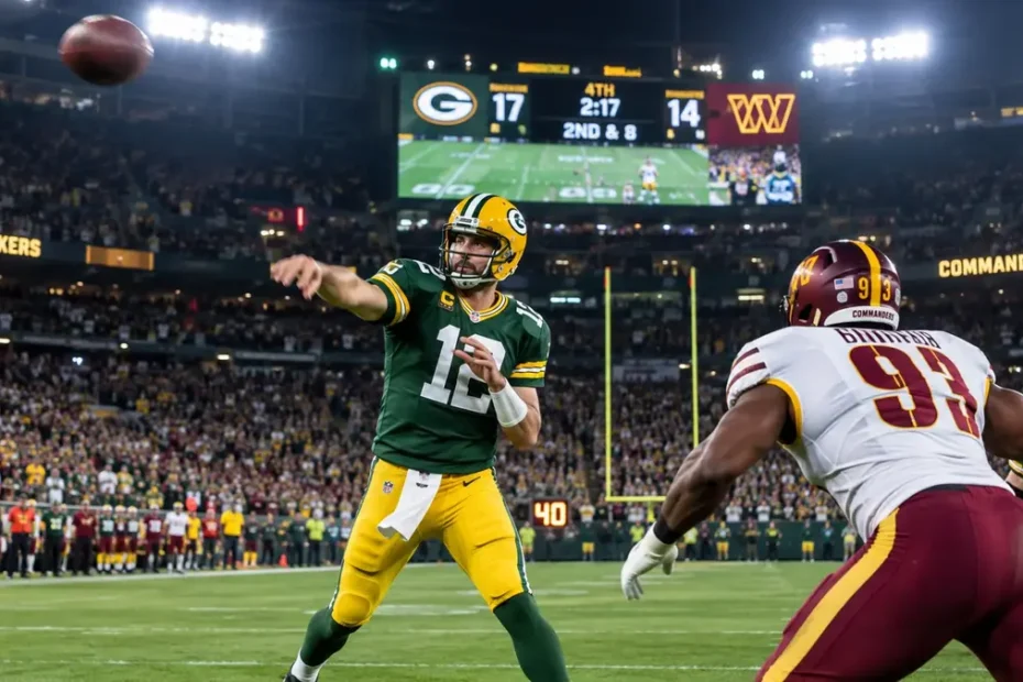 Green Bay Packers quarterback throwing a pass against Washington Commanders defense during their NFL regular season matchup