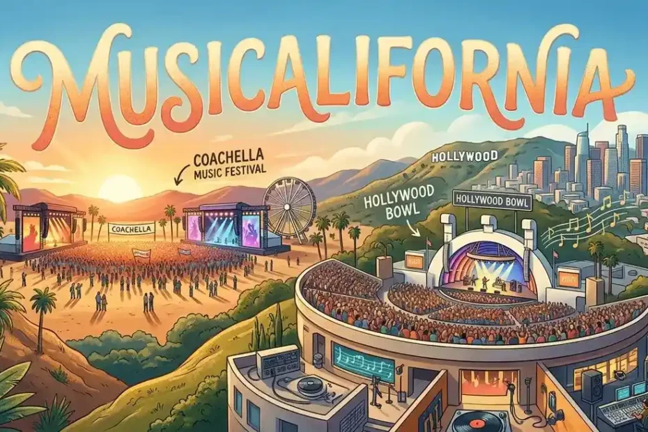 Musicalifornia concept showing California's music scene with iconic venues, festivals, and recording studios