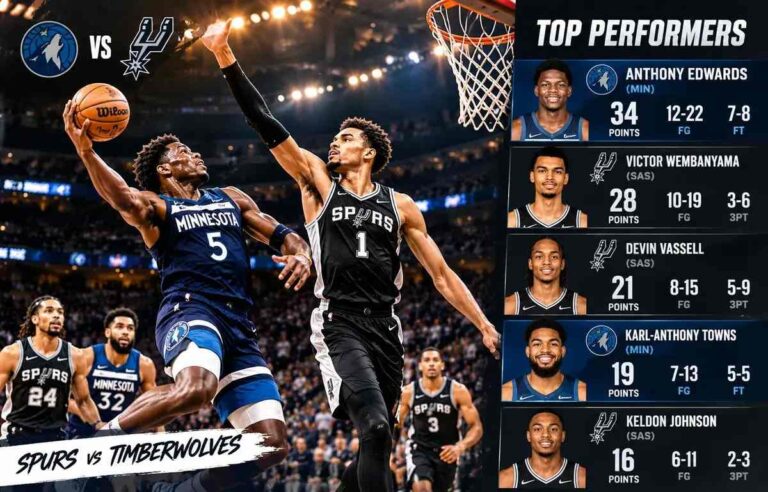 San Antonio Spurs vs Timberwolves match player stats showing Wembanyama contesting Edwards at the rim