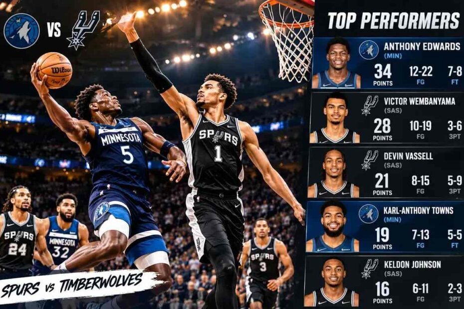 San Antonio Spurs vs Timberwolves match player stats showing Wembanyama contesting Edwards at the rim