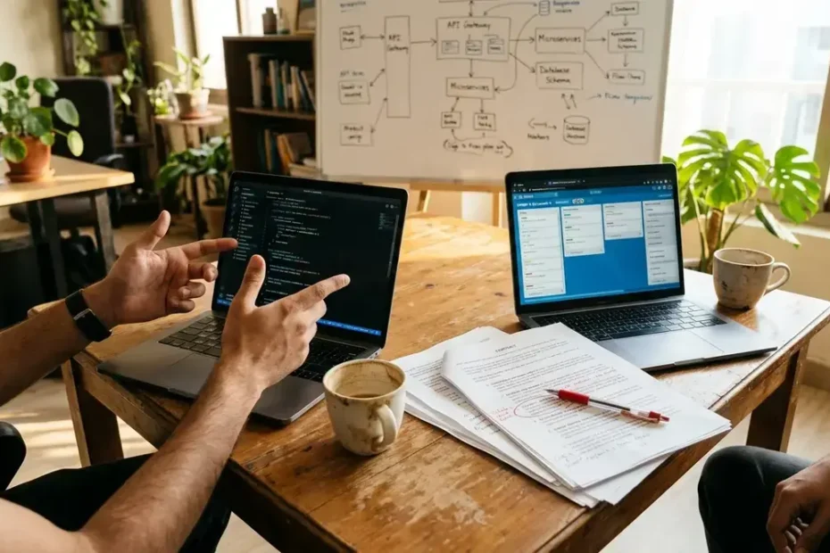 Overhead view of a small team reviewing technology consulting contracts and code on laptops during a vendor evaluation meeting in a sunlit office