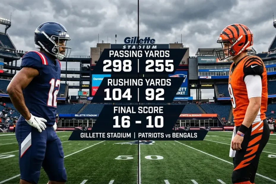 New England Patriots vs Bengals match player stats comparison showing quarterback passing yards and rushing totals from the Week 1 NFL season opener